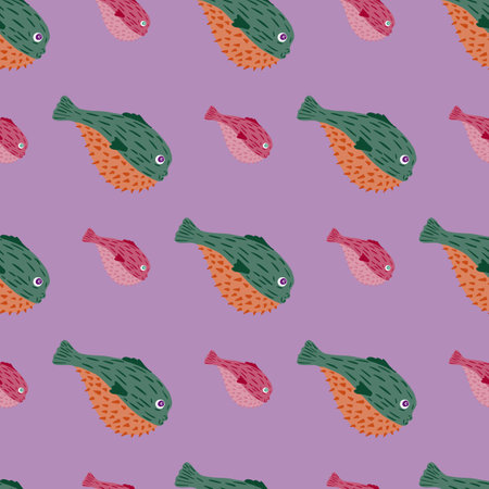 Cartoon underwater seamless pattern with green colored fish fugu ornament. Pastel purple background. Perfect for fabric design, textile print, wrapping, cover. Vector illustration.のイラスト素材