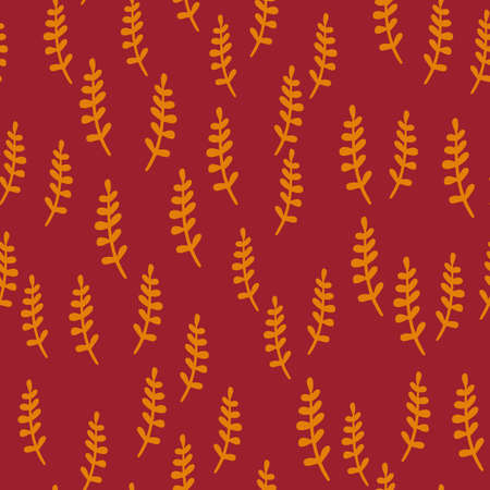 Autumn tones seamless pattern with bright orange tropic branch elements. Red maroon background. Decorative backdrop for fabric design, textile print, wrapping, cover. Vector illustration.のイラスト素材
