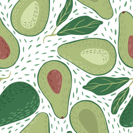 Seamless pattern avocado on white with dashes background. Tropical hand drawn vegetable for design...