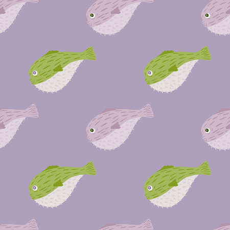 Scrapbook aqua seamless pattern with gray and green colored puffer fish print. Pastel purple background. Perfect for fabric design, textile print, wrapping, cover. Vector illustration.のイラスト素材