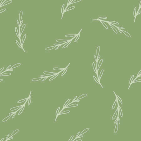 Seamless foliage doodle pattern with random light outline branches elements. Green olive background. Perfect for fabric design, textile print, wrapping, cover. Vector illustration.のイラスト素材