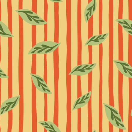 Random green foliage ornament seamless pattern in doodle style. Orange striped background. Fall nature. Perfect for fabric design, textile print, wrapping, cover. Vector illustration.のイラスト素材