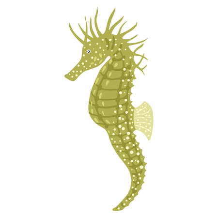 Green seahorse isolated on white background. Cartoon character reef fauna in flat style. Vector illustration.のイラスト素材