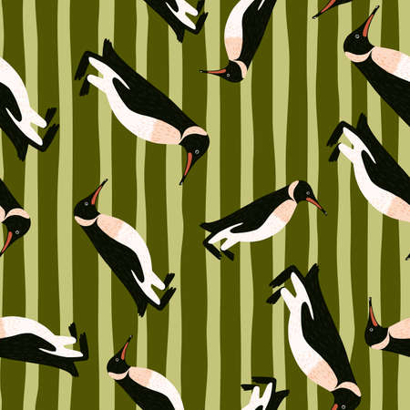 Random seamless pattern with hand drawn penguins abstract ornament. Olive green striped background. Decorative print for fabric design, textile print, wrapping, cover. Vector illustration.のイラスト素材