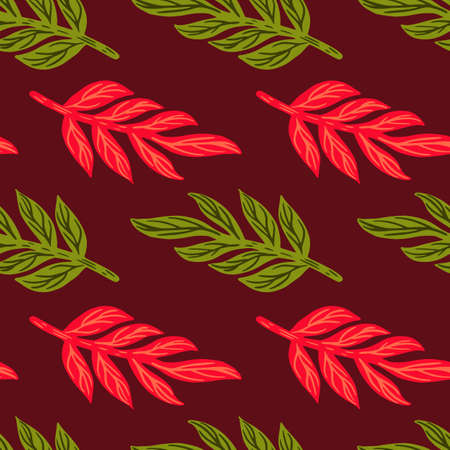 Foliage abstract seamless pattern with pink and green colored leaves branches silhouettes. Maroon background. Designed for fabric design, textile print, wrapping, cover. Vector illustration.のイラスト素材