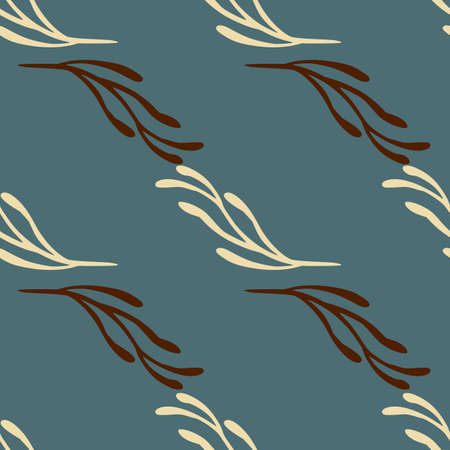 Minimalistic style seamless pattern with beige and brown colored branches ornament. Blue pale background. Designed for fabric design, textile print, wrapping, cover. Vector illustration.のイラスト素材