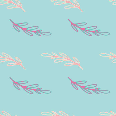 Botany seamless pattern with pink and purple contoured branches elements. Blue pastel background. Designed for fabric design, textile print, wrapping, cover. Vector illustration.のイラスト素材