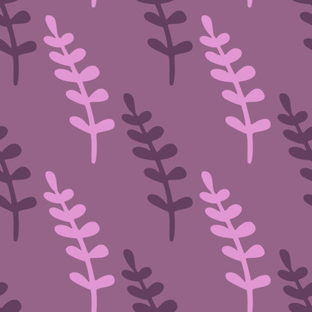 Exotic seamless pattern in purple violet palette with simple branches ornament. Hand drawn floral ornament. Decorative backdrop for fabric design, textile print, wrapping, cover. Vector illustration.のイラスト素材