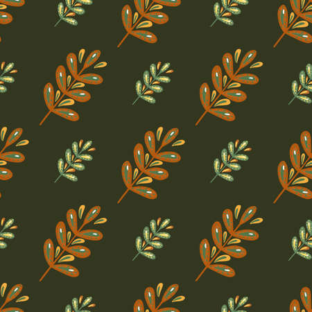 Nature seamless pattern in dark tones with doodle leaf branch ornament. Brown background. Abstract print. Designed for fabric design, textile print, wrapping, cover. Vector illustration.のイラスト素材