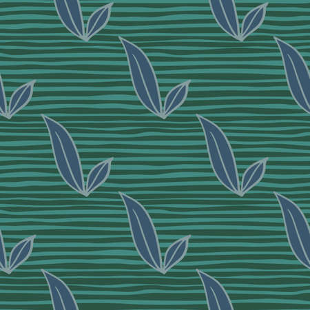 Scrapbook seamless pattern with doodle hand drawn blue contoured leaves print. Green striped background. Decorative backdrop for fabric design, textile print, wrapping, cover. Vector illustration.のイラスト素材