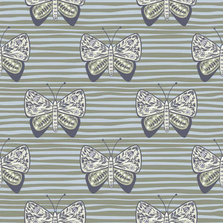 Gray colored seamless pattern with doodle botanic ornamental butterfly shapes. Striped background. Decorative backdrop for fabric design, textile print, wrapping, cover. Vector illustration.のイラスト素材