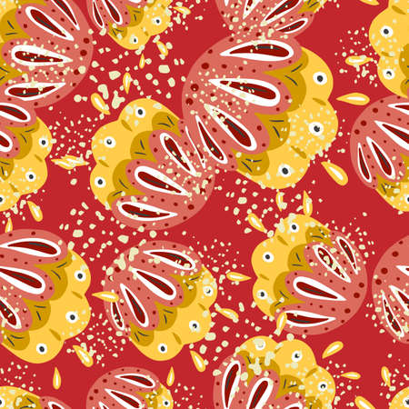 Yellow and pink colored folk flower elements seamless pattern. Bright red background with splashes....