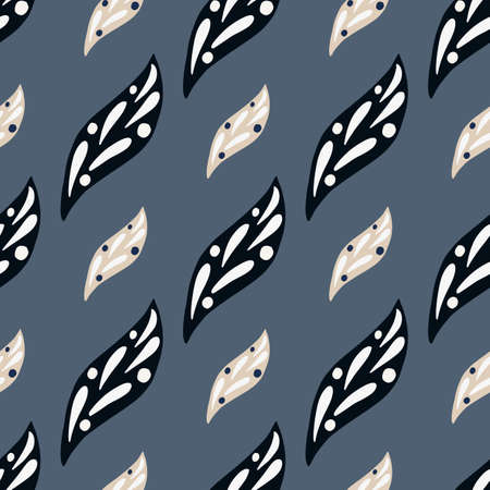 Black and pink leaves silhouettes seamless doodle pattern. Navy blue pale background. Hand drawn artwork. Decorative backdrop for fabric design, textile print, wrapping, cover. Vector illustration.のイラスト素材