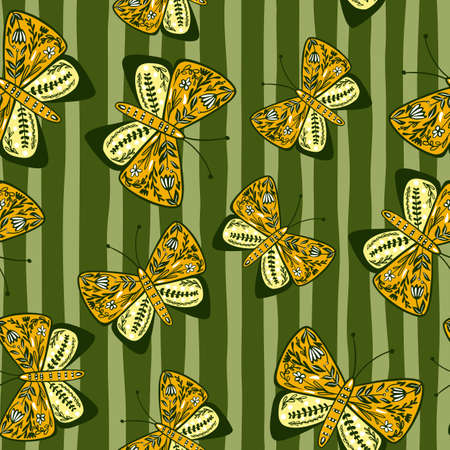 Random seamless pattern with orange botanic flower and branches print butterfly shapes. Green striped background. Great for fabric design, textile print, wrapping, cover. Vector illustration.のイラスト素材