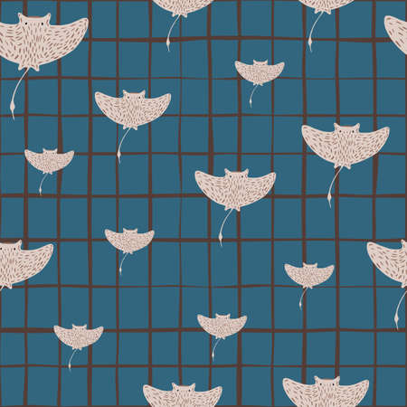 Gray random stingray hand drawn silouettes seamless pattern. Blue checkered background. Designed for...
