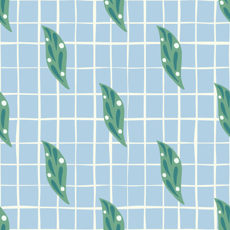 Turquoise simple leaf elements seamless pattern. Geometric foliage artwork with blue checkered background. Decorative backdrop for fabric design, textile print, wrapping, cover. Vector illustration.のイラスト素材