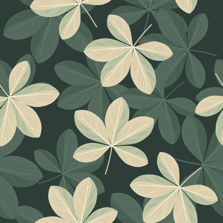 Botanic seamless pattern with doodle scheffler flowers elements. Green background. Random print. Designed for fabric design, textile print, wrapping, cover. Vector illustration.のイラスト素材