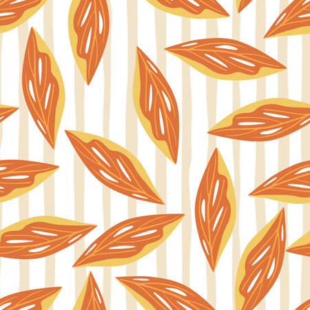 Orange random abstrac leaves seamless pattern in simple style. Striped background. Floral backdrop. Perfect for fabric design, textile print, wrapping, cover. Vector illustration.のイラスト素材
