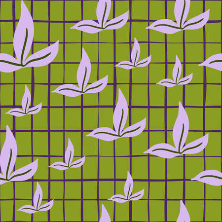 Random light purple simple leaf print seamless pattern. Green checkered background. Perfect for fabric design, textile print, wrapping, cover. Vector illustration.のイラスト素材