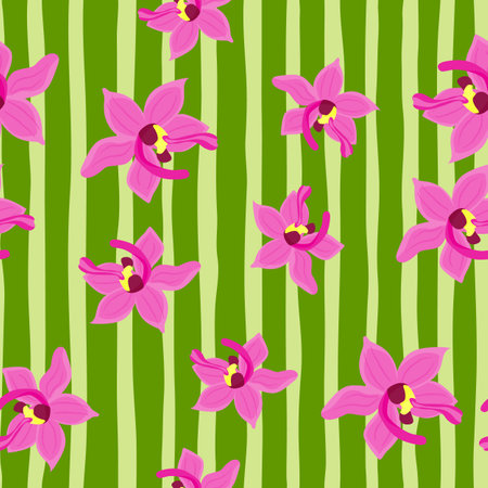 Pink random orchid flowers seamless pattern. Botanic backdrop with green striped background. Designed for fabric design, textile print, wrapping, cover. Vector illustration.のイラスト素材