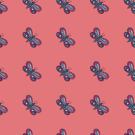 Blue colored butterfly folk shapes with botanic print. Pink background. Nature wildlife insect backdrop. Great for fabric design, textile print, wrapping, cover. Vector illustration.のイラスト素材