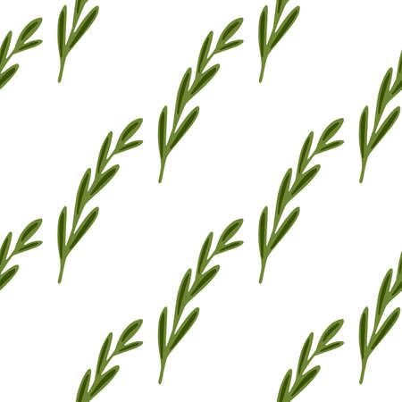 Isolated seamless botanic pattern with simple herbal twigs shapes. Green ornament. White background. Perfect for fabric design, textile print, wrapping, cover. Vector illustration.のイラスト素材