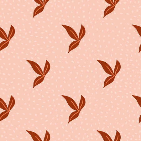 Decorative floral seamless pattern with red simple leaf silhouettes print. Pink dotted background....