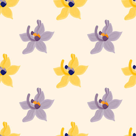 Exotic style nature seamless pattern with purple and yellow orchid flowers shapes. Pastel beige...