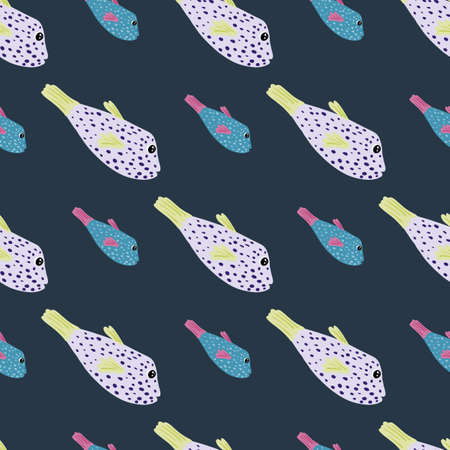 Aquatic seamless doodle pattern with abstract fish simple silhouettes. Dark navy blue background. Wild style. Designed for fabric design, textile print, wrapping, cover. Vector illustration.のイラスト素材