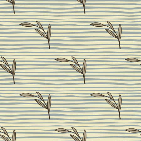 Floral seamless pattern with simple style brown outline leaf branches ornament. Gray striped background. Perfect for fabric design, textile print, wrapping, cover. Vector illustration.のイラスト素材