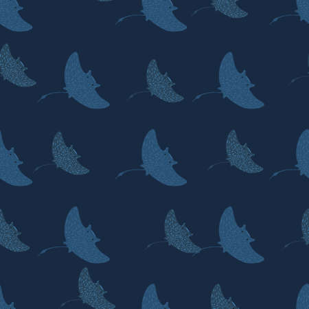Wildlife seamless pattern with nature stingray silhouettes print. Navy blue dark backround. Doodle shapes. Designed for fabric design, textile print, wrapping, cover. Vector illustration.のイラスト素材