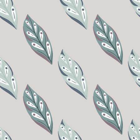 Pale tones seamless pattern with decorative abstract leaves elements print. Gray background. Doodle ornament. Perfect for fabric design, textile print, wrapping, cover. Vector illustration.のイラスト素材