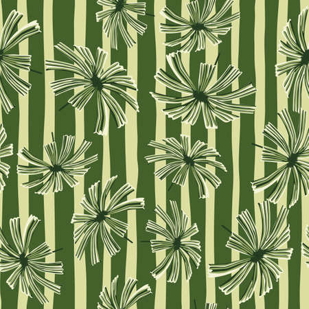 Random palm licuala silhouettes seamless pattern in hand drawn style. Green striped background. Perfect for fabric design, textile print, wrapping, cover. Vector illustration.のイラスト素材