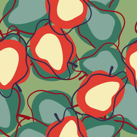 Summer season harvest seamless pattern with random red and blue apple shapes. Green background....