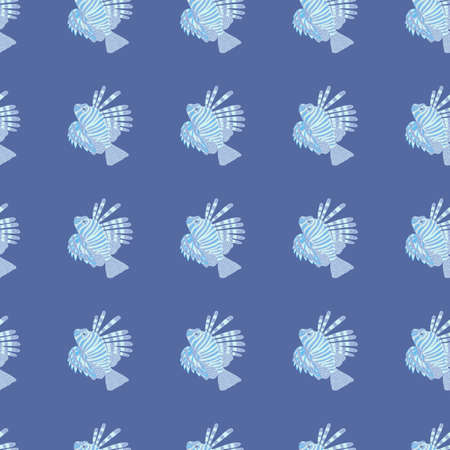 Bright blue hand drawn lionfish silhouettes seamless aqua pattern. Scrapbook decorative ocean backdrop. Designed for fabric design, textile print, wrapping, cover. Vector illustration.のイラスト素材