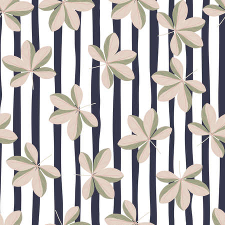 Bloom seamless pattern with random gray scheffler flower silhouettes. Navy blue and white striped background. Perfect for fabric design, textile print, wrapping, cover. Vector illustration.のイラスト素材