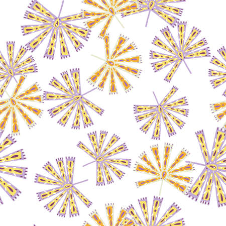 Isolated seamless pattern with hand drawn folk licuala palm ornament. White background. Doodle tropic print. Decorative backdrop for fabric design, textile print, wrapping, cover. Vector illustration.のイラスト素材