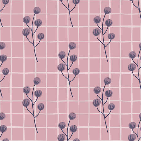 Forest food seamless pattern with wild purple berry silhouettes print. Lilac background with check. Designed for fabric design, textile print, wrapping, cover. Vector illustration.のイラスト素材
