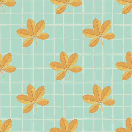 Doodle orange scheffler flowers ornament seamless pattern. Blue pastel checkered background. Designed for fabric design, textile print, wrapping, cover. Vector illustration.のイラスト素材
