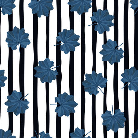 Random navy blue tropic flowers shapes seamless pattern in doodle style. Black and white striped background. Designed for fabric design, textile print, wrapping, cover. Vector illustration.のイラスト素材