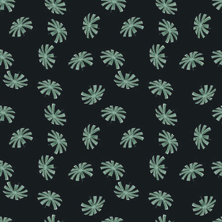 Little random green palm licuala leaves seamless doodle pattern. Black background. Nature ornament. Perfect for fabric design, textile print, wrapping, cover. Vector illustration.のイラスト素材