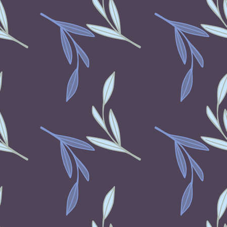 Minimalistic herbal seamless pattern with doodle leaves branches silhouettes shapes. Purple background. Perfect for fabric design, textile print, wrapping, cover. Vector illustration.のイラスト素材