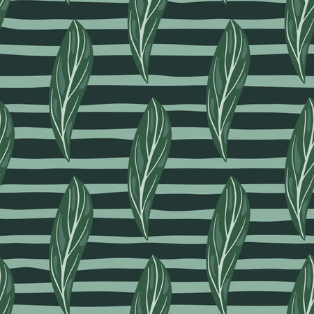 Tropic minimalistic seamless pattern with abstract leaves ornament. Green striped background. Doodle print. Designed for fabric design, textile print, wrapping, cover. Vector illustration.のイラスト素材