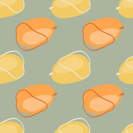 Summer food seamless harvest pattern with yellow and orange plums shapes. Green pale background....