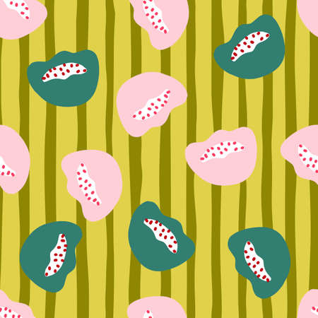Random turquoise and pink random abstract poppy flowers print. Green striped background. Nature print. Decorative backdrop for fabric design, textile print, wrapping, cover. Vector illustration.のイラスト素材
