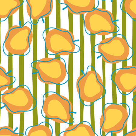 Random orange plum abstract seamless pattern in doodle style. Food backdrop. Green and white striped background. Perfect for fabric design, textile print, wrapping, cover. Vector illustration.のイラスト素材