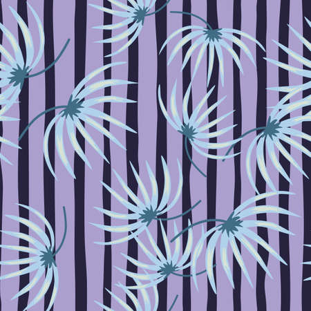Random blue botanic leaf silhouettes seamless pattern. Purple striped background. Floral backdrop. Designed for fabric design, textile print, wrapping, cover. Vector illustration.のイラスト素材
