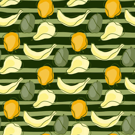 Contoured abstract seamless pattern with bananas, apples, plums and pears. Fruit backdrop. Green striped background. Designed for fabric design, textile print, wrapping, cover. Vector illustration.のイラスト素材