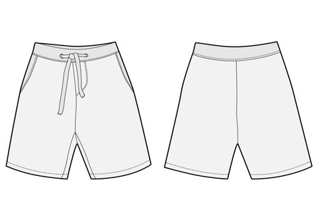 Technical sketch sport shorts pants design. Boy clothes template. Casual style. CAD mockup. Back and front view. Design for packaging, fashion catalog. Fashion vector illustrationのイラスト素材