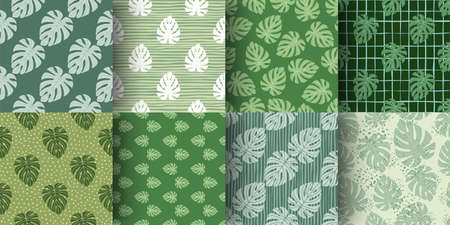Set of monstera leaf simple shapes seamless doodle pattern. Green tones palette tropical botanic artwork collection. Perfect for fabric design, textile print, wrapping, cover. Vector illustration.のイラスト素材